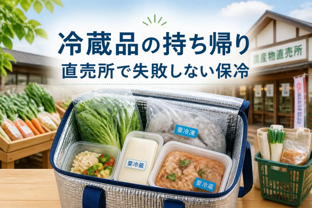 検索意図である直売所購入後の冷蔵・冷凍品の持ち帰り方法を一目で伝える