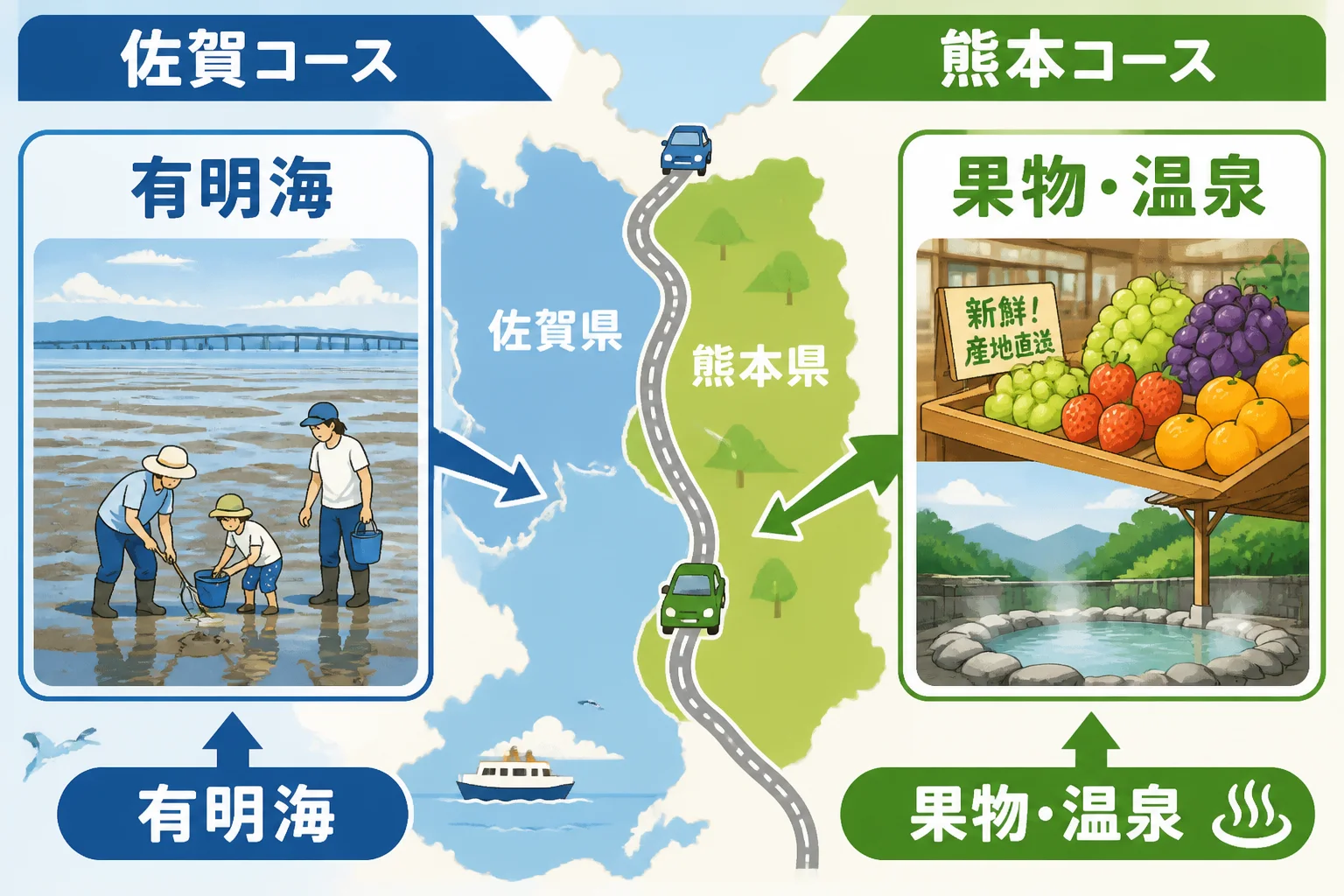 佐賀・熊本コースの違いを短時間で理解できるようにする。