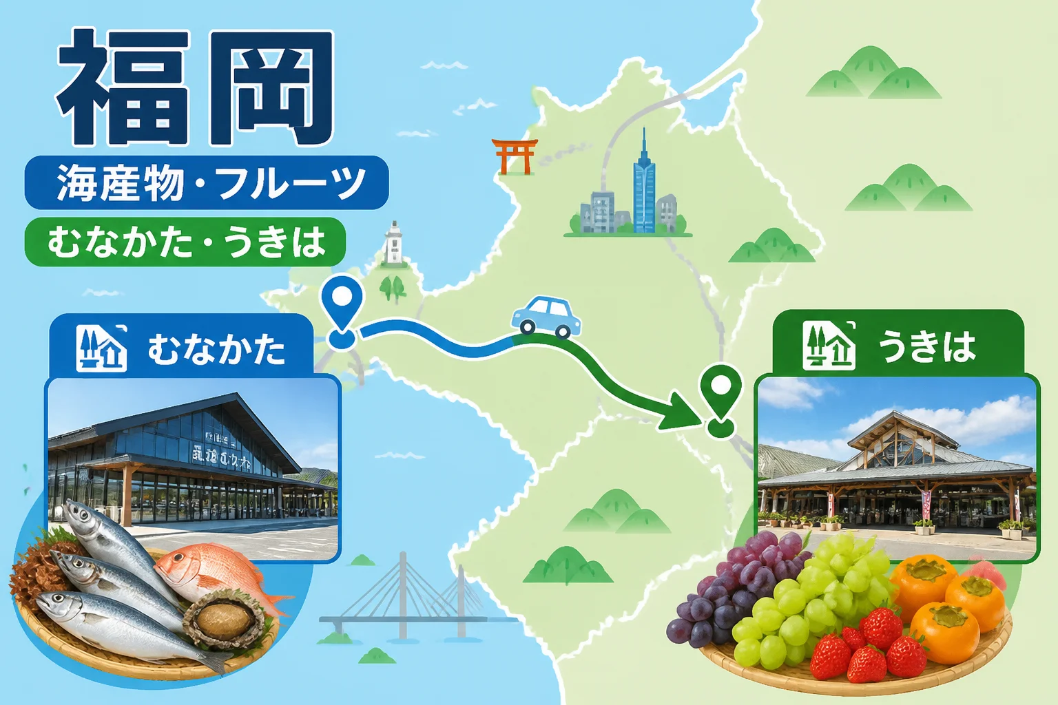 福岡エリアの目的別コースを視覚的に整理する。