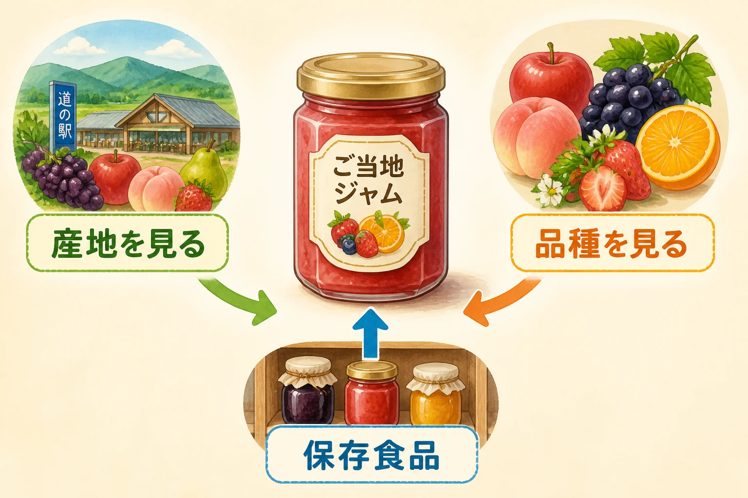 生果ではなく、地域素材と加工保存食品としてジャムを選ぶ記事方針を視覚化する。